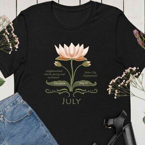 July Birth Flower T shirt, Water Lily Custom Name Date T-shirt